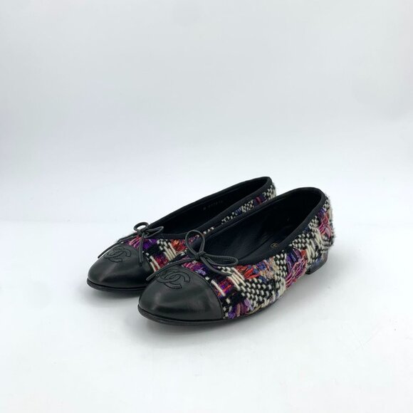 Chanel Black Leather & Multicolor Tweed Ballet Flats W/ CC Logo - Picture 1 of 8